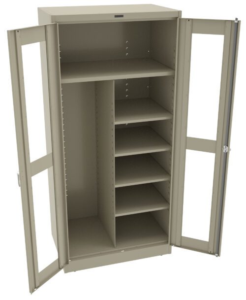 A metal storage cabinet with open double glass doors. It has multiple shelves on the right and a vertical divider on the left. The cabinet is beige and is designed for organizing items.