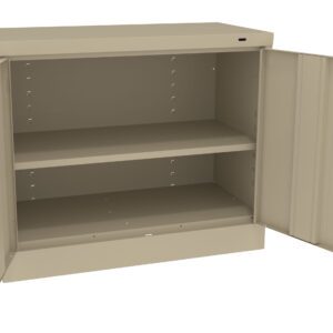 Open beige metal storage cabinet with two shelves and two doors. The cabinet is empty, and the doors are wide open, revealing adjustable shelf positions inside.