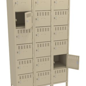 A beige, multi-tiered metal locker unit with three columns and five rows. Each locker has a vented door with a small padlock clasp. Two of the lockers are open, revealing empty interior spaces.