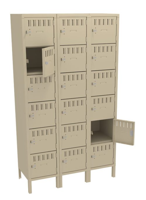 kdjo8e1iz75jmaboxkzx.jpg A beige, multi-tiered metal locker unit with three columns and five rows. Each locker has a vented door with a small padlock clasp. Two of the lockers are open, revealing empty interior spaces.