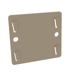 A beige, square plastic wall plate with four angled clips and two round holes on either side. The surface is smooth and designed for holding or mounting purposes.