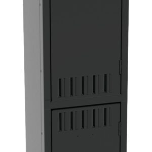 A tall, black metal locker with two compartments, each featuring its own lockable door. The locker has ventilation slits on the top and bottom sections.