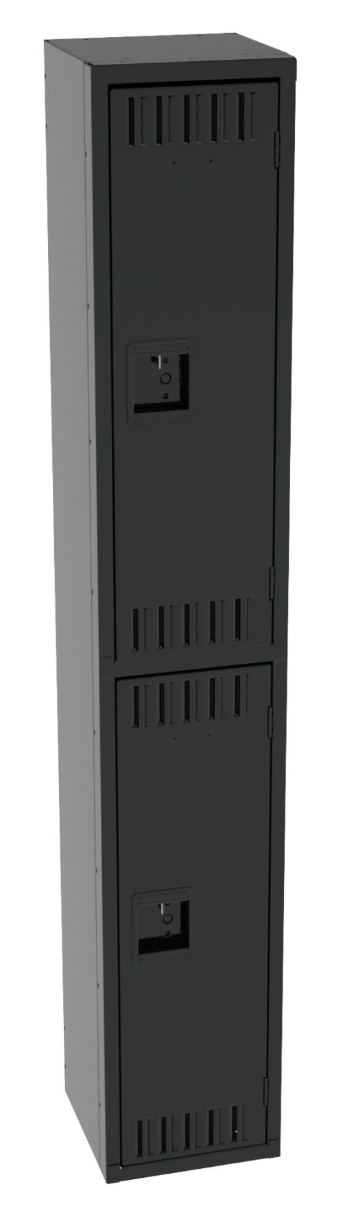 A tall, black metal locker with two compartments, each featuring its own lockable door. The locker has ventilation slits on the top and bottom sections.