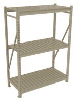 A beige metal shelving unit with three shelves. The unit features a slatted design and sturdy frame, suitable for storage or organization. It has vertical support bars and diagonal cross braces for stability.