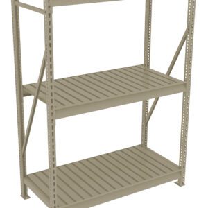 A beige metal shelving unit with three shelves. The unit features a slatted design and sturdy frame, suitable for storage or organization. It has vertical support bars and diagonal cross braces for stability.
