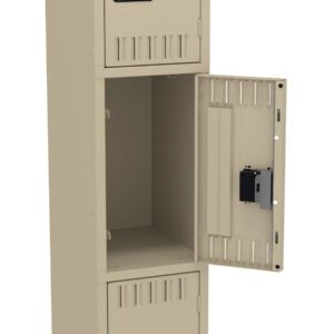 A tall, beige metal locker with three compartments, two closed and the middle one open, revealing a spacious interior. Each compartment has a black handle and air vents. The locker stands upright against a plain background.