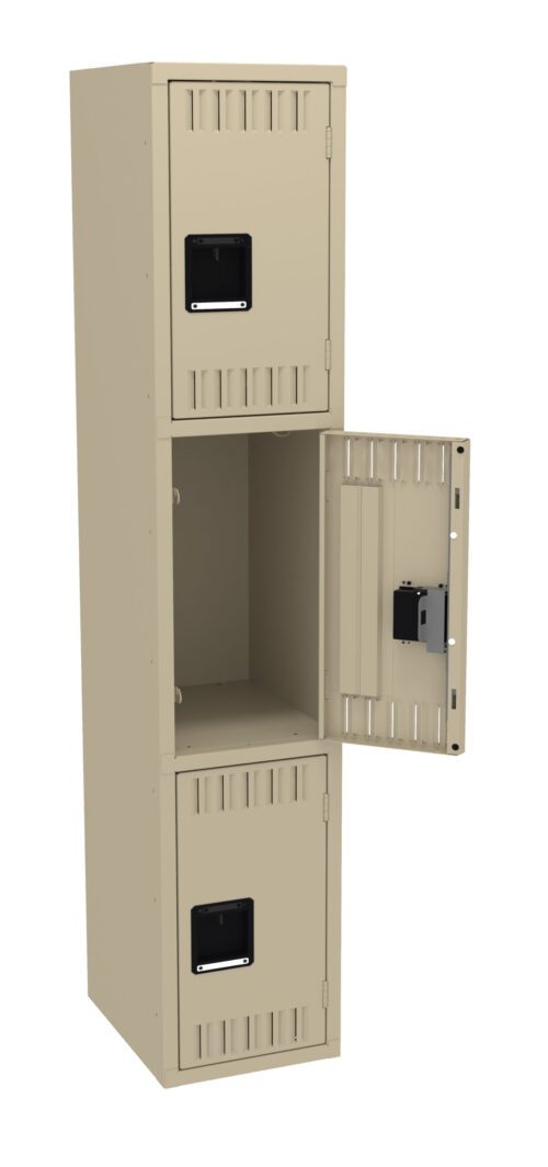 A tall, beige metal locker with three compartments, two closed and the middle one open, revealing a spacious interior. Each compartment has a black handle and air vents. The locker stands upright against a plain background.