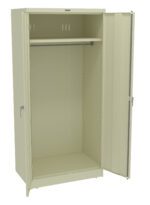 An open, beige metal storage cabinet with one door ajar. Inside, there is a single shelf and a hanging rod. The cabinet is empty, and the exterior has a matte finish.
