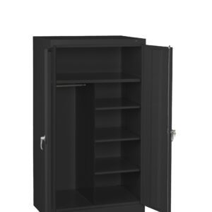 A black metal cabinet with two open doors showcasing multiple shelves on the right and an empty section with a hanging rod on the left. The cabinet stands on a flat surface, with metal handles on each door.