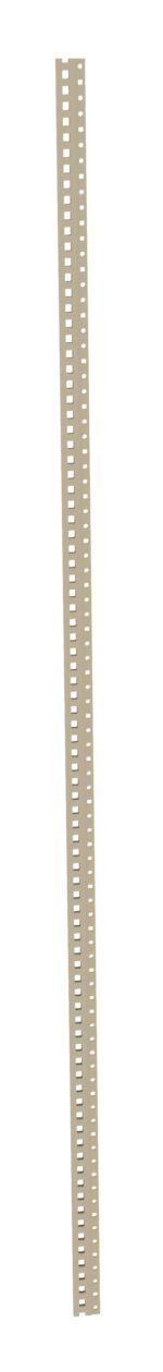 A vertical image of a beige, straight sewing gauge with evenly spaced notches along its length, used for measuring seam allowances and hems in sewing projects.