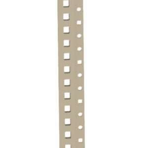 A vertical image of a beige, straight sewing gauge with evenly spaced notches along its length, used for measuring seam allowances and hems in sewing projects.