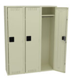 A beige metal locker unit with three compartments, two of which are closed and one open. The open compartment reveals an empty space with a metal rod for hanging clothes. Each door has a black handle and vent slots.