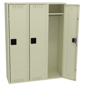 A beige metal locker unit with three compartments, two of which are closed and one open. The open compartment reveals an empty space with a metal rod for hanging clothes. Each door has a black handle and vent slots.