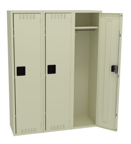 A beige metal locker unit with three compartments, two of which are closed and one open. The open compartment reveals an empty space with a metal rod for hanging clothes. Each door has a black handle and vent slots.