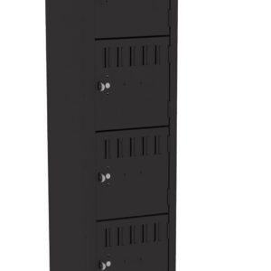 Tall, black, metal locker with six compartments. The top compartment door is open, revealing an empty interior. The locker stands on four short legs.