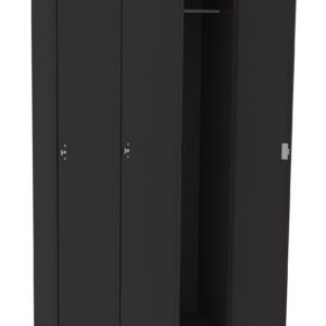 A black, three-door metal locker with the rightmost door open, revealing an empty interior with a single shelf and hanging rod. The locker stands on four legs.