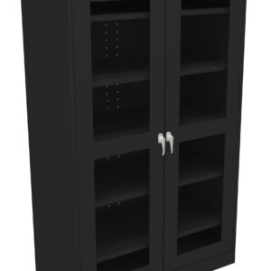 A black storage cabinet with glass doors. It has five shelves inside and silver handles on the doors. The cabinet has a sleek, modern design.