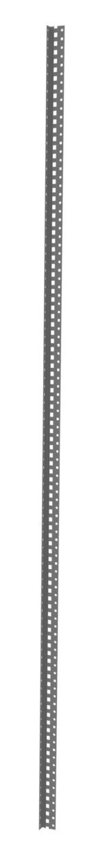 A tall, narrow, flat metal T-post with a series of evenly spaced holes running vertically along its length. The post is designed for construction or mounting purposes.