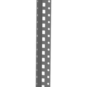 A tall, narrow, flat metal T-post with a series of evenly spaced holes running vertically along its length. The post is designed for construction or mounting purposes.