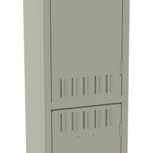 A tall, beige metal locker with two vertically stacked compartments, each featuring a black handle. The locker has ventilation slots on the doors and sides, and is set against a plain background.