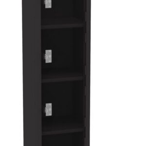 Tall black locker with six compartments, each with a silver latch. The top compartment door is open, revealing an empty space inside. The other compartments are closed.