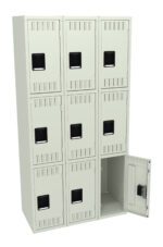 A steel locker unit with nine compartments arranged in a 3x3 grid. Each locker has a black handle and ventilation slits. The bottom right locker door is open, revealing an empty interior. The lockers are light gray.