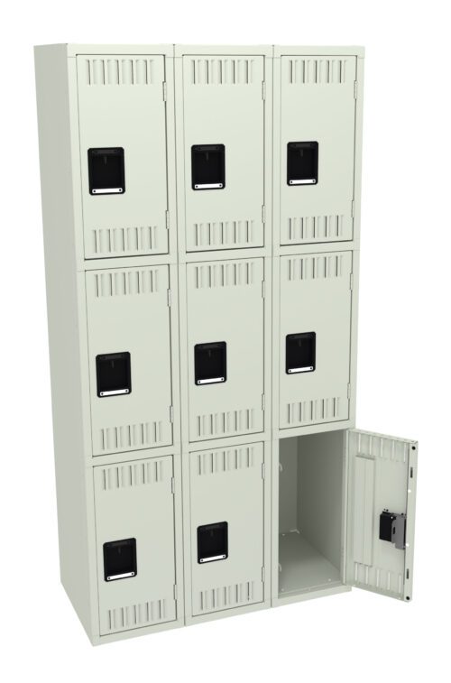 A steel locker unit with nine compartments arranged in a 3x3 grid. Each locker has a black handle and ventilation slits. The bottom right locker door is open, revealing an empty interior. The lockers are light gray.