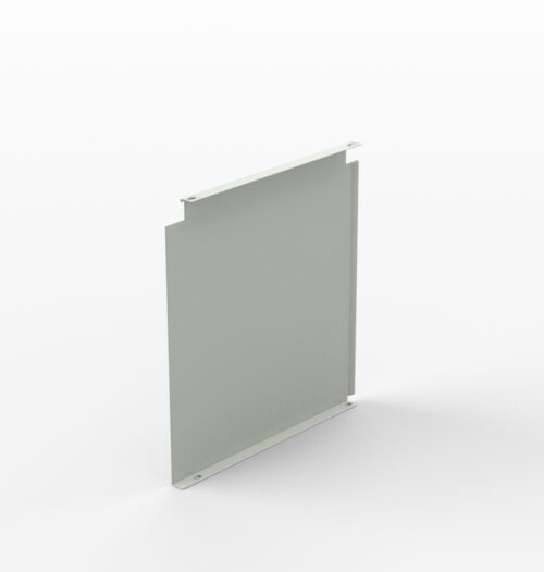 A single, flat, rectangular metal panel with small extensions at the top and bottom, standing upright on a white background.