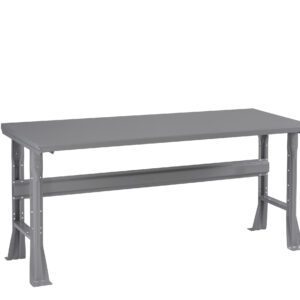 A gray metal workbench with a rectangular top and four sturdy legs. It features a horizontal support beam connecting the legs on each side. The simple design suggests it is suitable for industrial or workshop use.