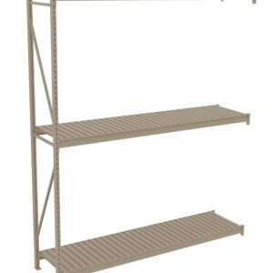 A beige metal shelving unit with three levels, featuring slatted surfaces. The unit is designed for heavy-duty storage, supported by vertical frames and cross braces on the left side.