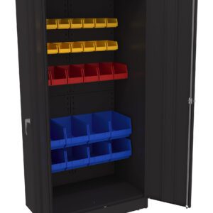 A black metal storage cabinet with open doors reveals colorful storage bins inside. The cabinet holds three shelves with yellow bins on the top, red bins in the middle, and blue bins at the bottom, organized neatly in rows.