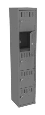 Tall, gray metal locker with five compartments, each featuring a small ventilation panel and a round handle. The second compartment from the top is slightly open.