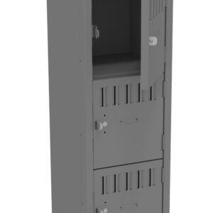 Tall, gray metal locker with five compartments, each featuring a small ventilation panel and a round handle. The second compartment from the top is slightly open.