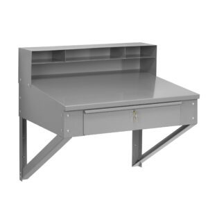 Gray wall-mounted desk featuring a slanted surface, three small compartments on top, and a lockable drawer underneath. Its minimalist design includes angled supports for stability.