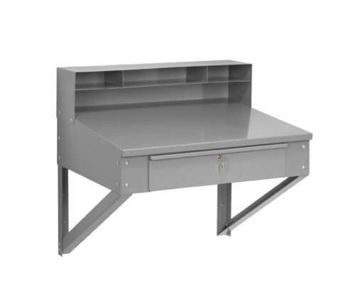 Gray wall-mounted desk featuring a slanted surface, three small compartments on top, and a lockable drawer underneath. Its minimalist design includes angled supports for stability.