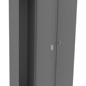 A gray metal locker with three compartments. The left compartment door is open, revealing a rod and shelf inside. The middle and right compartment doors are closed. The locker has a flat top and simple design.