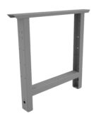 Gray metal frame for a table or desk, with a rectangular shape and adjustable height mechanism. It features several drilled holes for customization and ports for cable management.