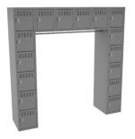 A metal locker unit shaped in a U-configuration. It features multiple small rectangular compartments with ventilation slots and individual locks. The unit is tall, standing on two legs with a connecting horizontal section at the top.