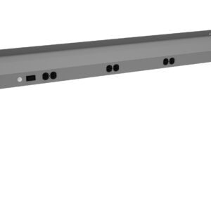 A long, L-shaped grey metal bracket with multiple black circular openings and rectangular cutouts along its length, designed for mounting or cable management. The bracket features mounting holes on its vertical sides.