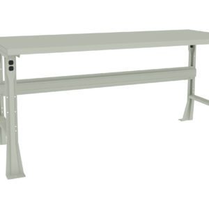 A minimalist grey metal workbench with a flat rectangular surface and sturdy legs. The design includes a horizontal support beam beneath the tabletop, providing stability and strength.