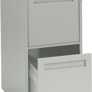 A gray, vertical two-drawer filing cabinet with the top drawer closed and the bottom drawer open. The cabinet has a lock on the top drawer and is shown against a plain white background.
