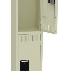 A tall, beige metal locker with two compartments is shown. The top compartment door is open, revealing an empty interior. The bottom compartment door is closed. The locker stands on four legs.