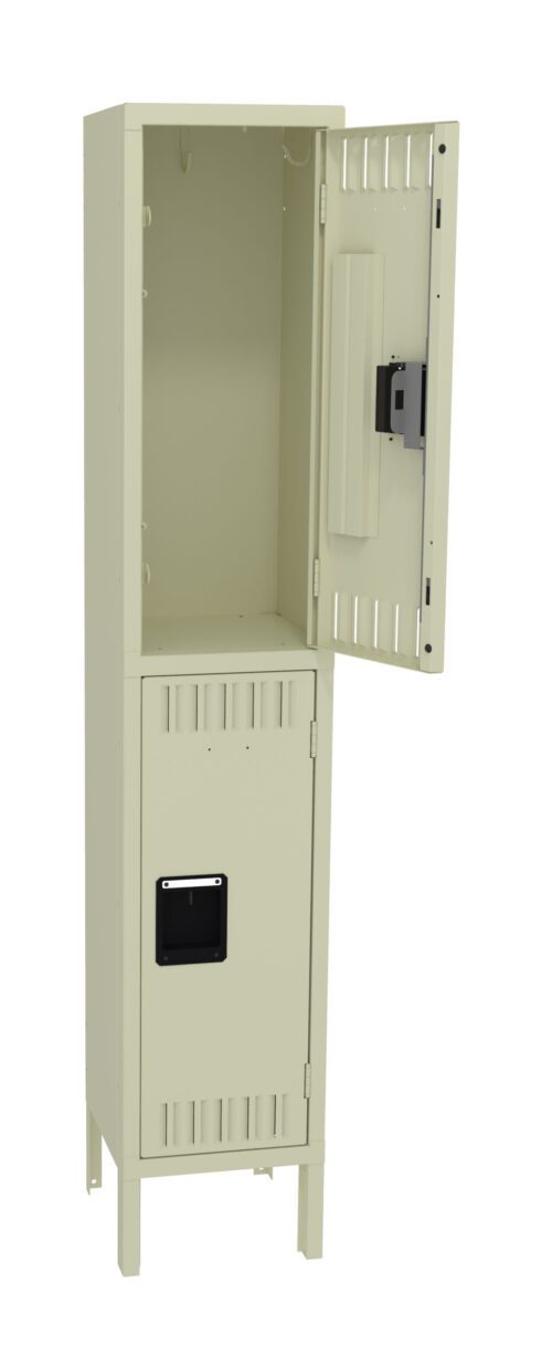 ktbu7ybvpspbqrt8s75n.jpg A tall, beige metal locker with two compartments is shown. The top compartment door is open, revealing an empty interior. The bottom compartment door is closed. The locker stands on four legs.