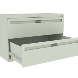 Light green, two-drawer filing cabinet with the top drawer closed and the bottom drawer open. The cabinet stands on a flat surface.