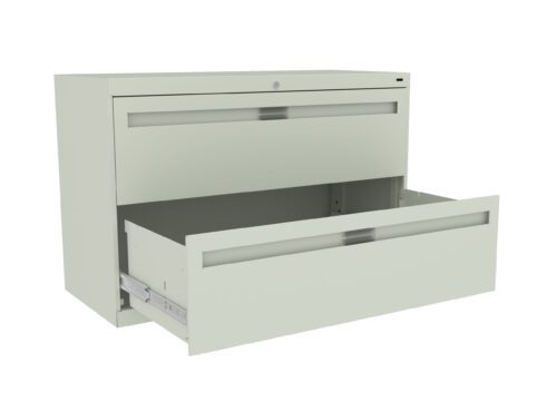 ktroxxiln224tddvmqnt.jpg Light green, two-drawer filing cabinet with the top drawer closed and the bottom drawer open. The cabinet stands on a flat surface.