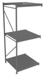 A gray metal shelving unit with three slatted shelves positioned vertically. The frame has diagonal support bars on one side and adjustable height grooves. The design is simple and industrial, suitable for storage or warehouse use.