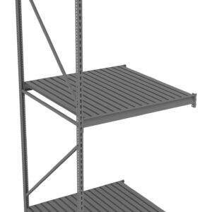 A gray metal shelving unit with three slatted shelves positioned vertically. The frame has diagonal support bars on one side and adjustable height grooves. The design is simple and industrial, suitable for storage or warehouse use.