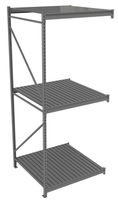 A gray metal shelving unit with three slatted shelves positioned vertically. The frame has diagonal support bars on one side and adjustable height grooves. The design is simple and industrial, suitable for storage or warehouse use.
