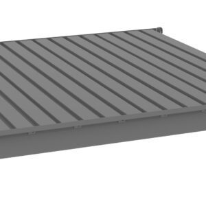 Illustration of a flat, rectangular, gray roof panel with vertical ridges and edges featuring interlocking channels at the sides, designed for construction or architectural use.