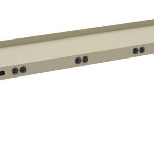 A beige metal power strip with multiple black outlets and a power switch, designed for mounting. The strip has a rectangular shape with side brackets for installation.